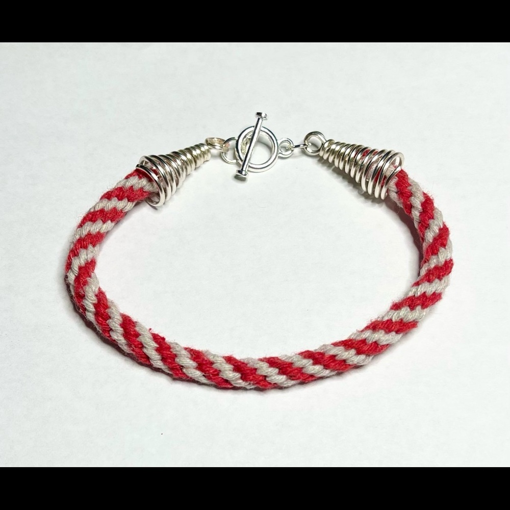 Handmade Kumihimo Bracelet Red And Gray Cotton Cord Silver Plate Cone End Caps